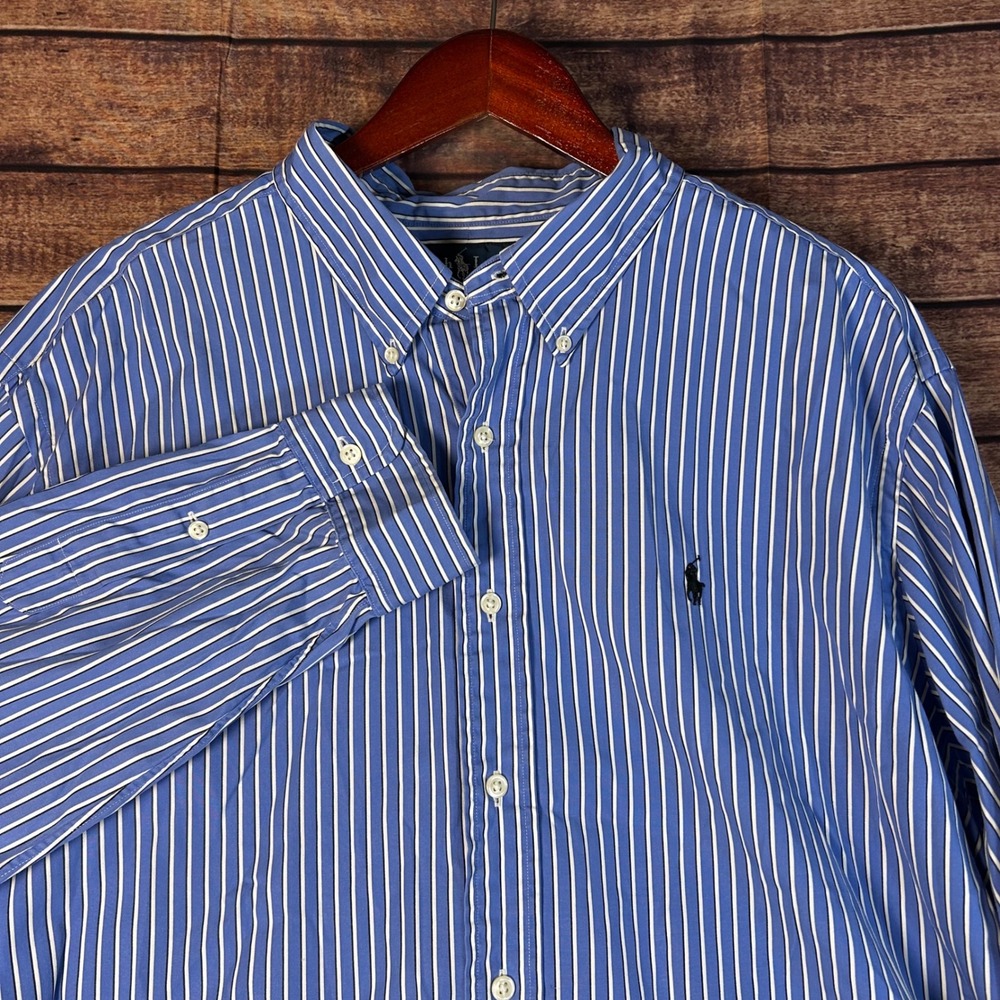 Ralph Lauren Mens XXL Blue White Stripe Classic Fit Button Down Shirt Black Pony